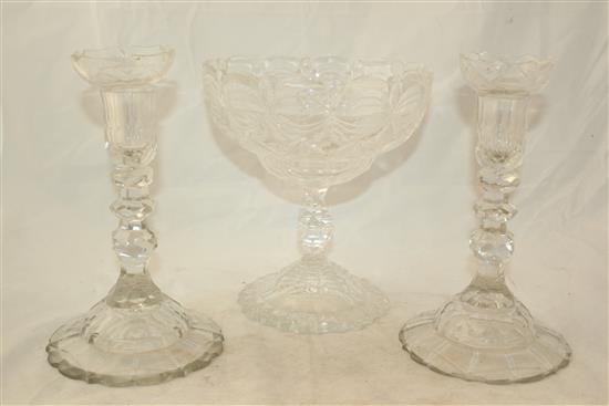 Pair of facetted glass candlesticks, c.1790 and a Regency pedestal bowl(-)